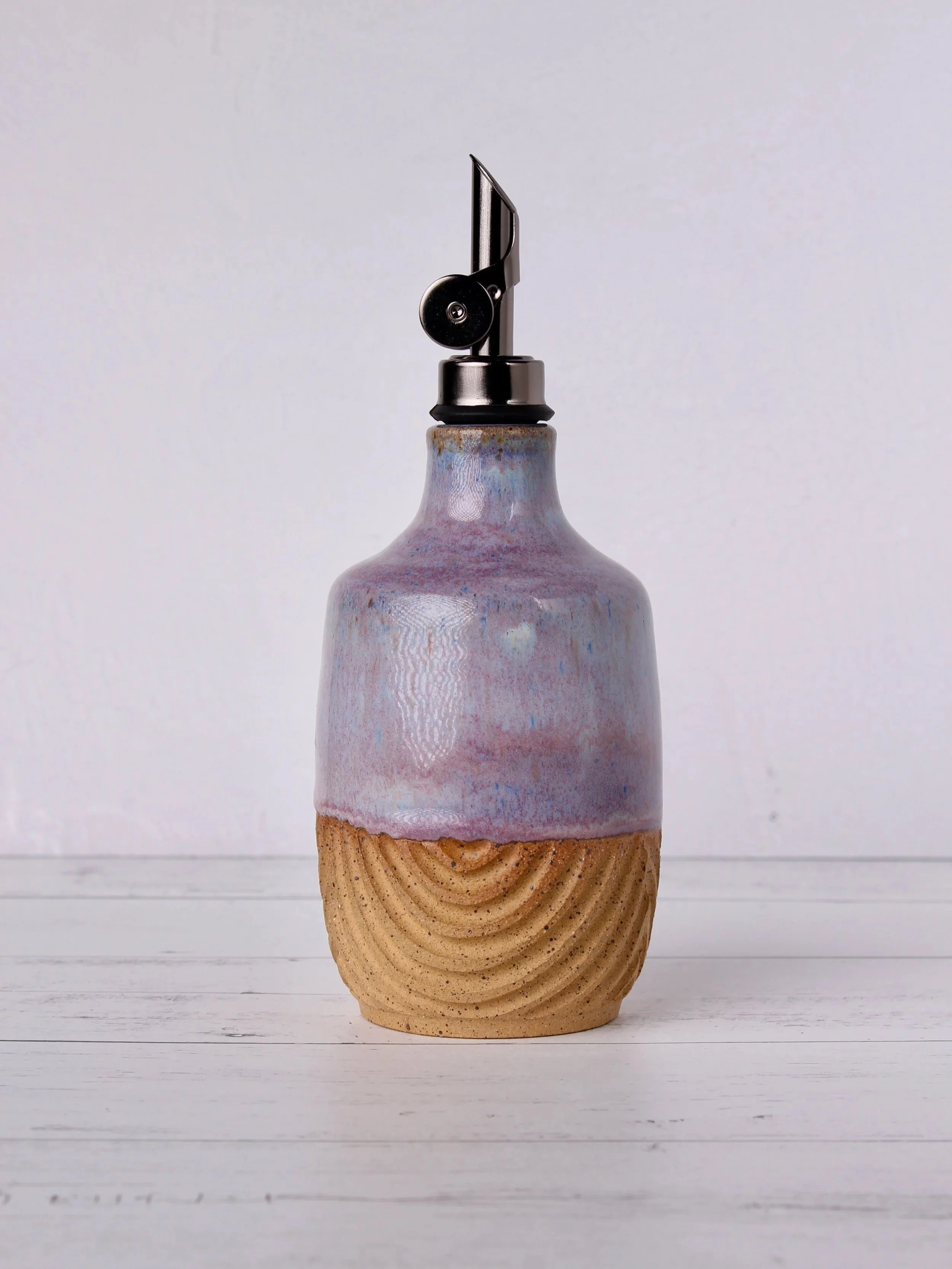 Speckled Stoneware Oil Cruet — Hand-Carved Arc Texture