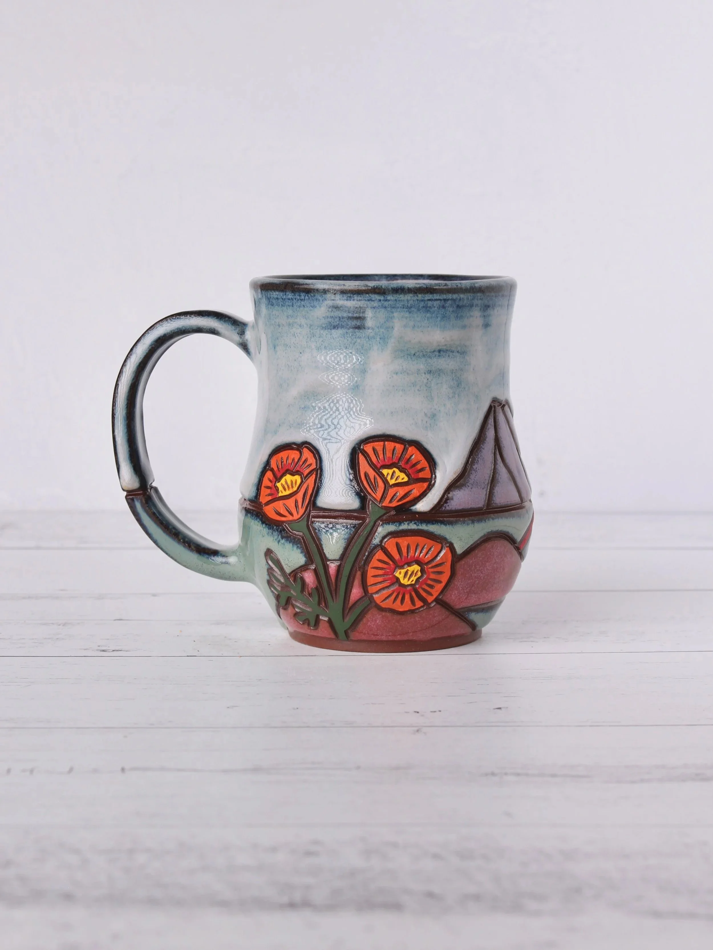 California Poppy Landscape Mug — Hand-Carved Stoneware