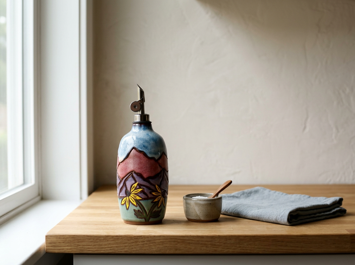 Decorative ceramic oil pourer with mountain and flower design, small bowl with wooden spoon, and a folded gray cloth on a wooden countertop near a window.