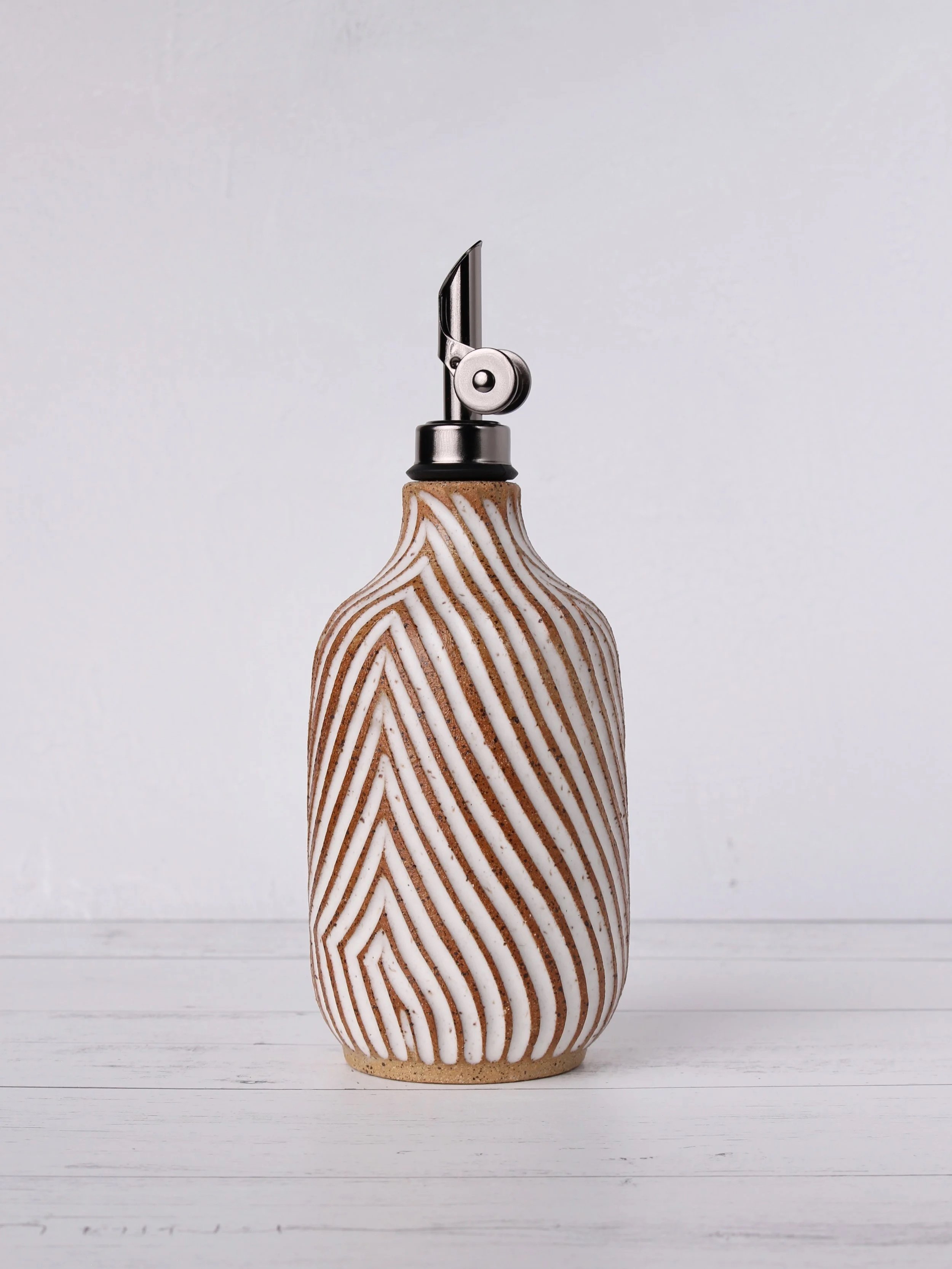 Carved Oil Cruet — White on Speckled Stoneware