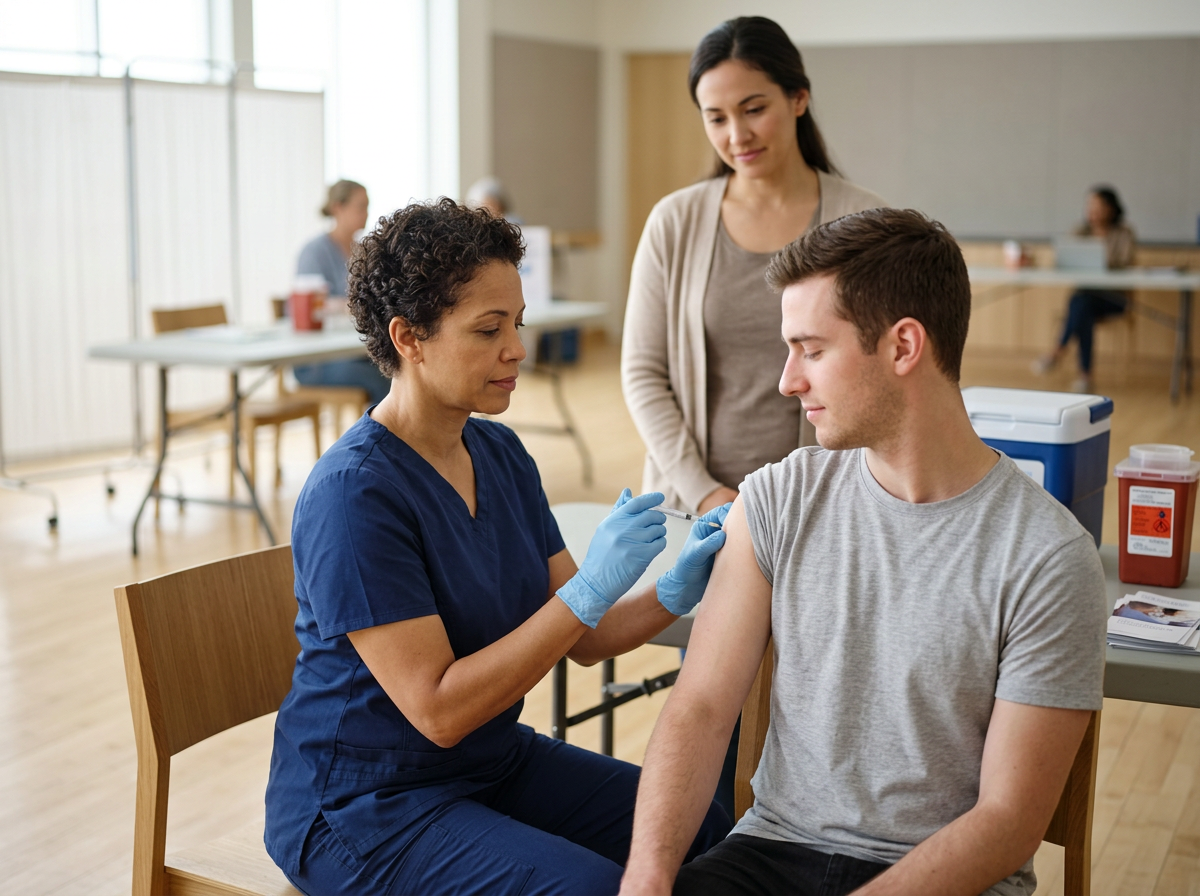 A healthcare worker administers a vaccine to a young man in a vaccination clinic, with a woman observing.