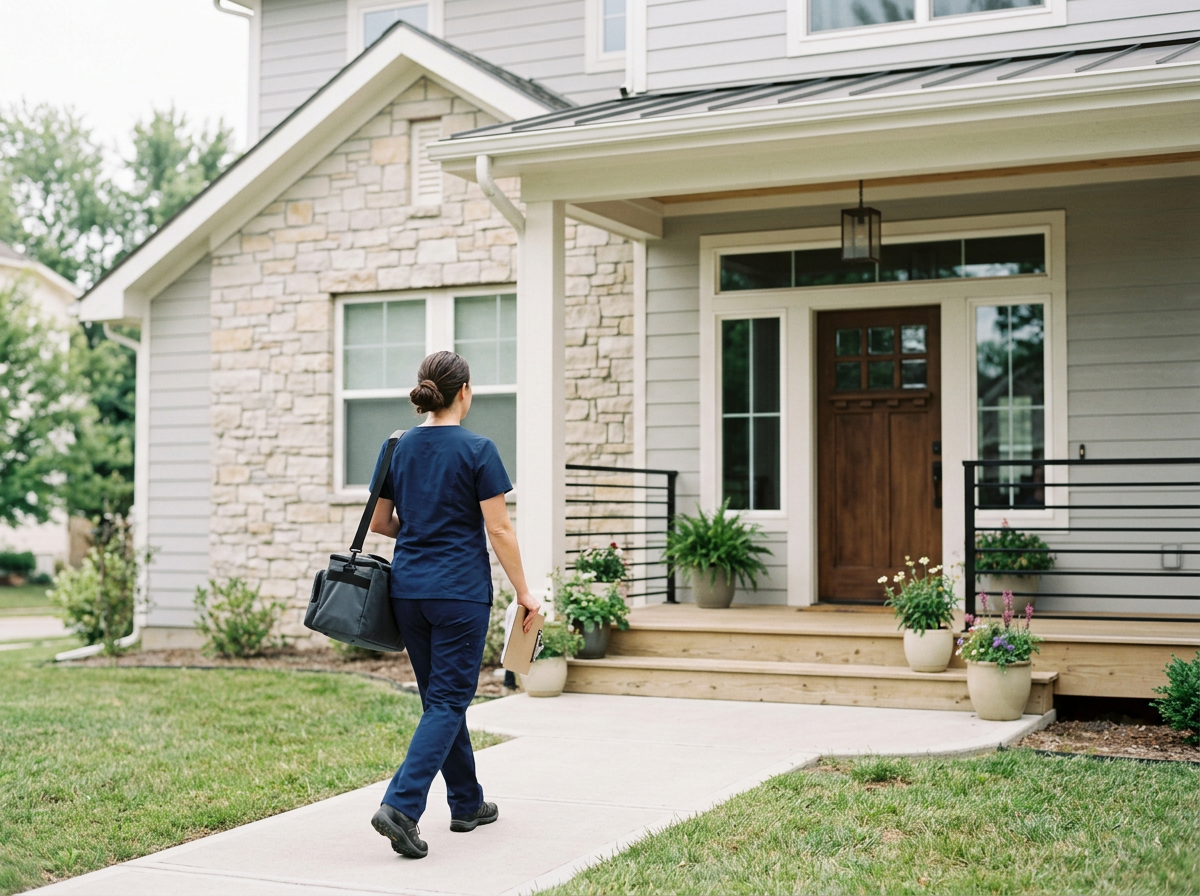 A woman wearing navy scrubs walking towards the front door of a house, carrying a black bag and a folder.