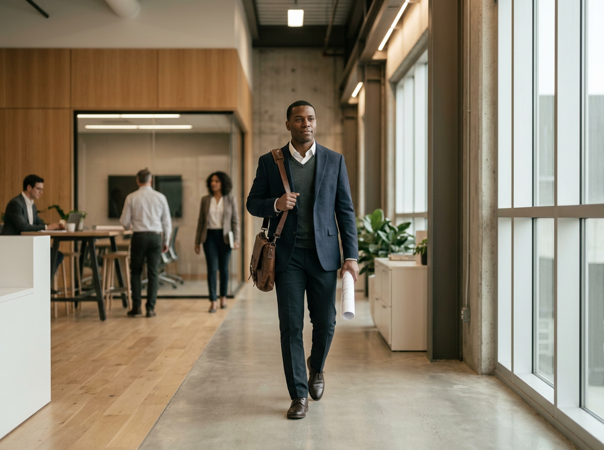 Business professional walking in modern office building with large windows, holding a rolled-up document and carrying a shoulder bag.