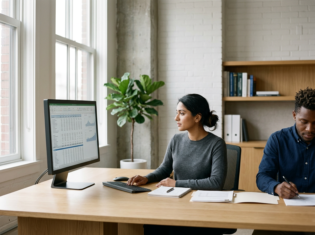 Two people working at a desk in a modern office, one woman in a gray shirt looking at a computer monitor displaying spreadsheets and charts, and a man in a blue shirt writing in a notebook.