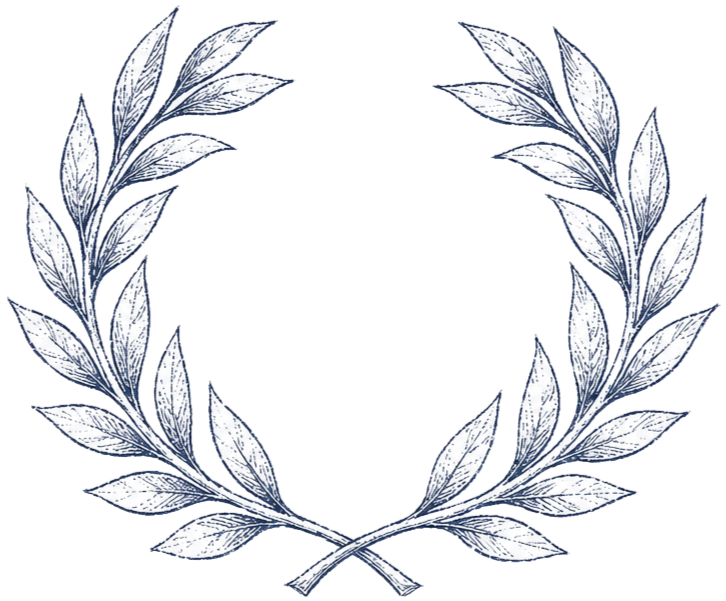 Illustration of a laurel wreath with detailed leaves in shades of blue and white.