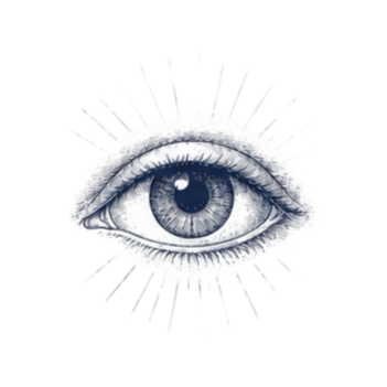 Drawing of a human eye with radiating lines on black background.