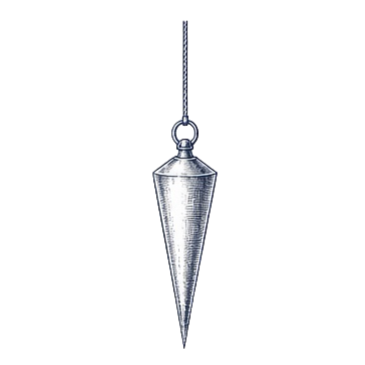 A fishing or diving weight with a conical metal design hanging from a chain or cord.