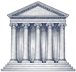 Illustration of a classical Greek or Roman style building with a triangular pediment supported by several tall columns.