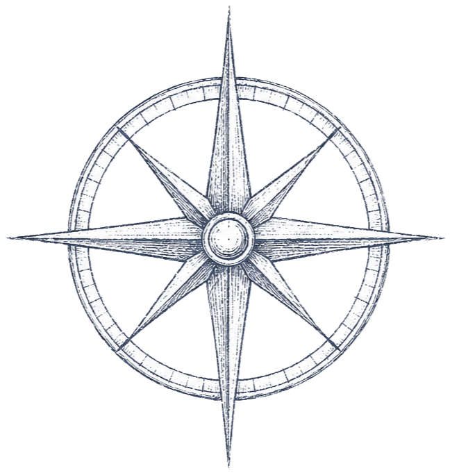 Drawing of a compass with cardinal directions, featuring a detailed arrow pointing north.