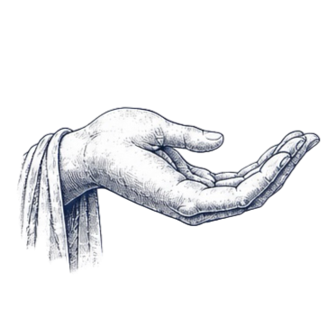 Drawing of a detailed human hand with a cuff, palm open and facing upward.