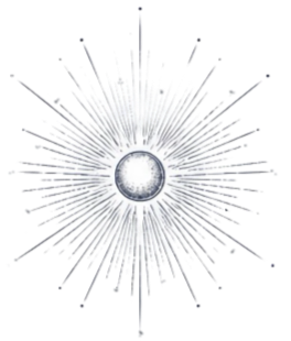 A silver and shiny starburst design with a circular center, radiating thin lines and spikes.