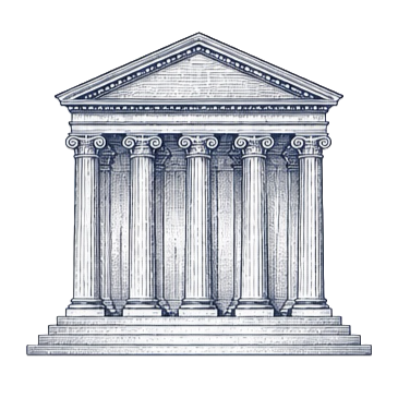 Illustration of a classical Greek or Roman-style temple with six columns and a triangular pediment.