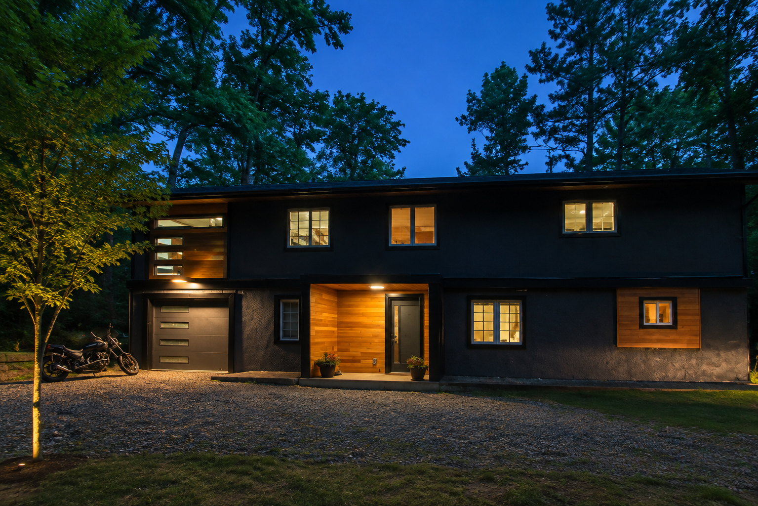 Modern two-story house at dusk with illuminated windows and exterior lighting, surrounded by tall trees.