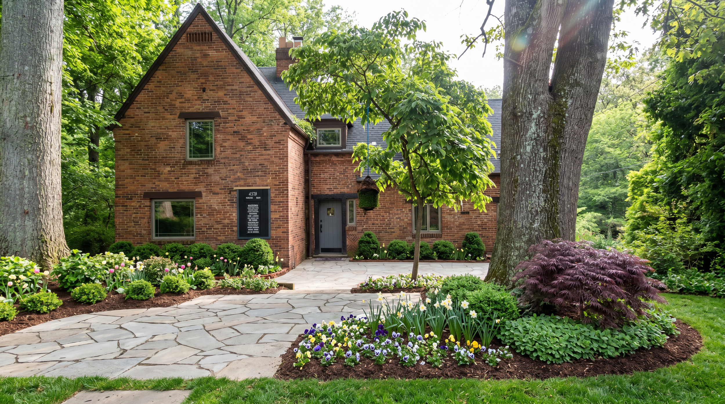 A brick house surrounded by a lush green garden with colorful flowers and tall trees. The house has large windows and a front door with a small pathway leading to it. Sunlight filters through the leaves, creating a bright and vibrant scene.