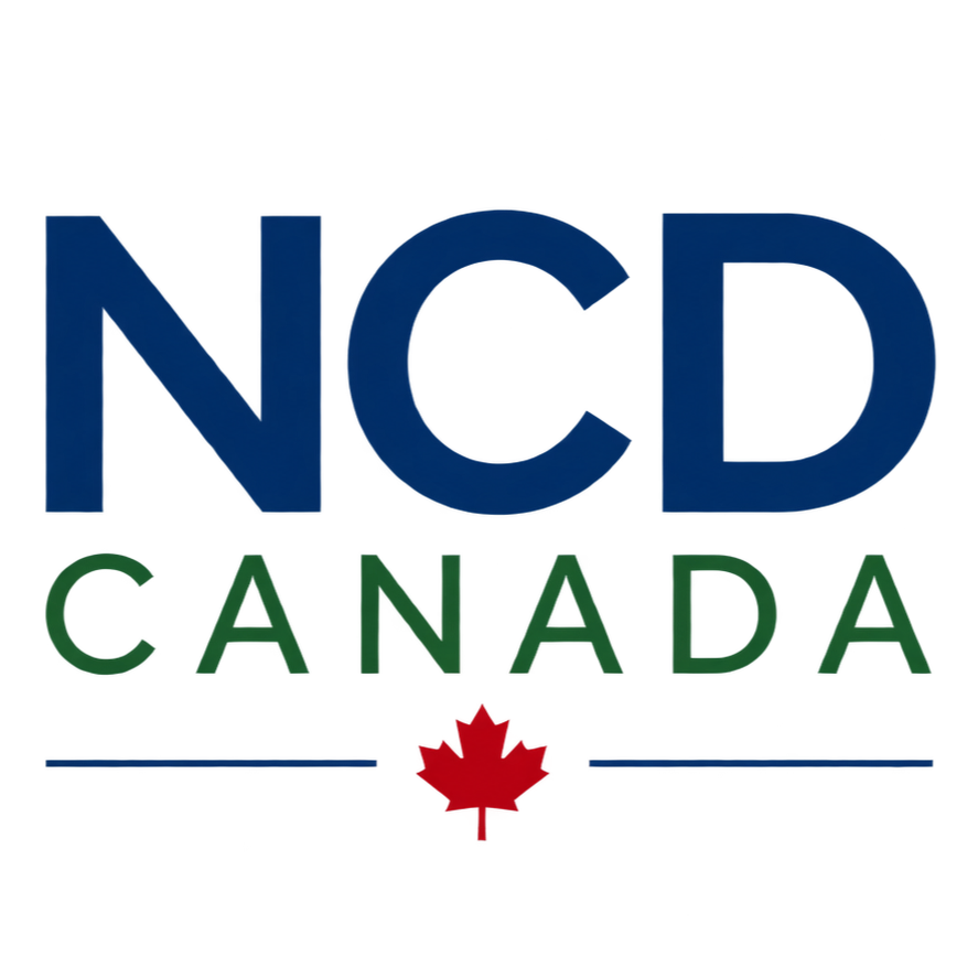 Logo of NCD Canada with a red maple leaf at the bottom center of the text.