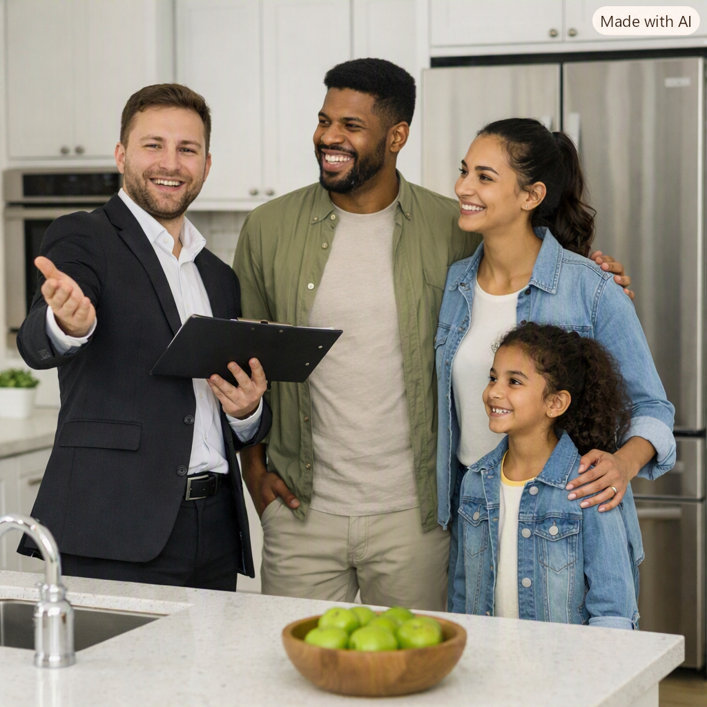 A man in a suit holding a clipboard, smiling and talking to a group of three people, including a man, woman, and young girl, in a modern kitchen with white cabinets and stainless steel appliances.