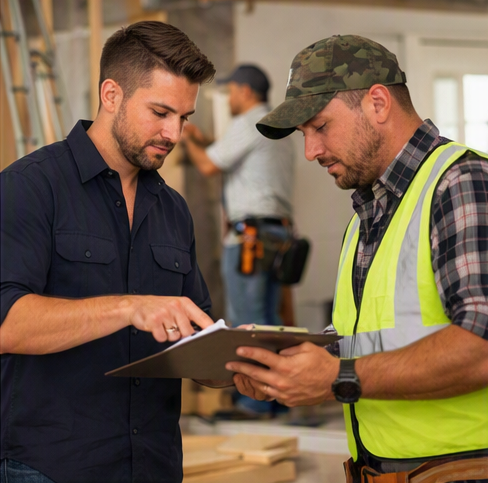 Two men at a construction site reviewing documents, one wearing a dark shirt and the other in a safety vest and camouflage hat, with a third person working in the background.