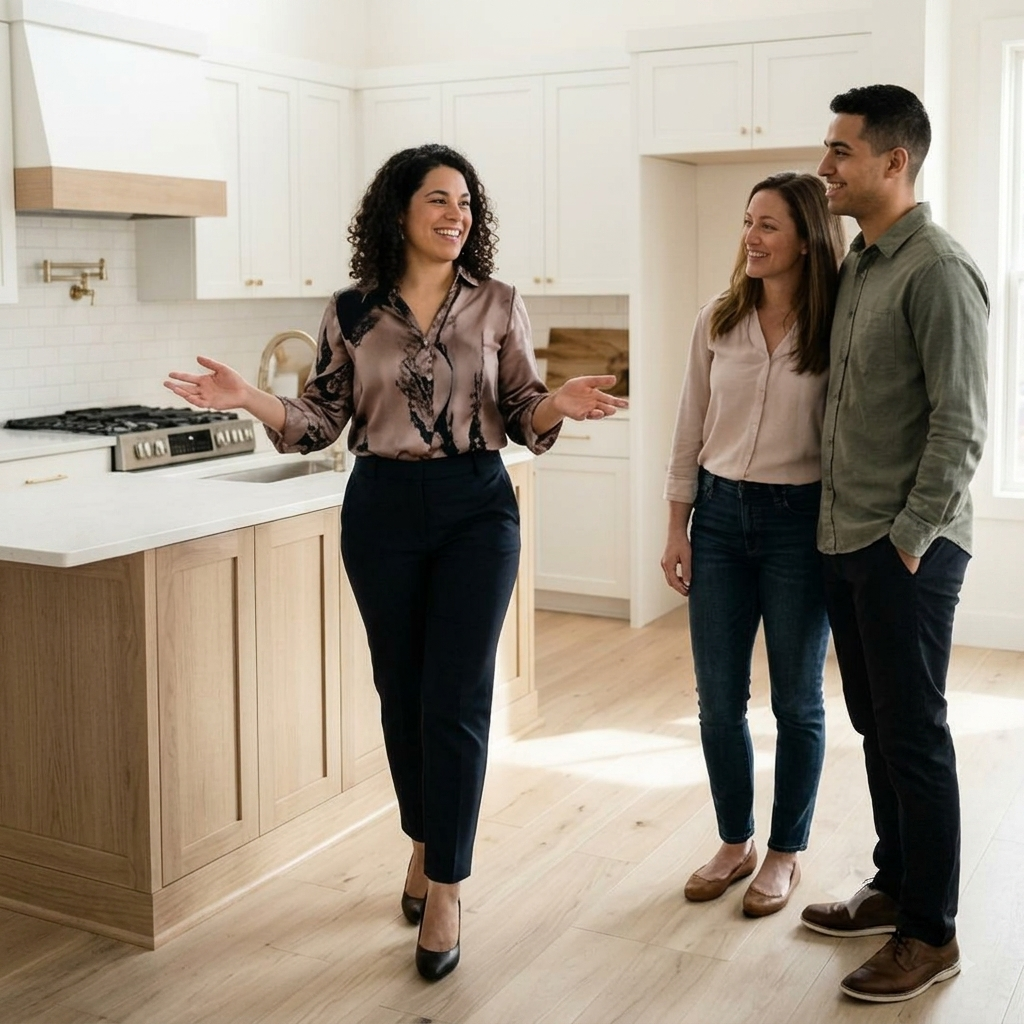 Three people, two women and one man, talking and smiling in a kitchen with white cabinets and wooden flooring.