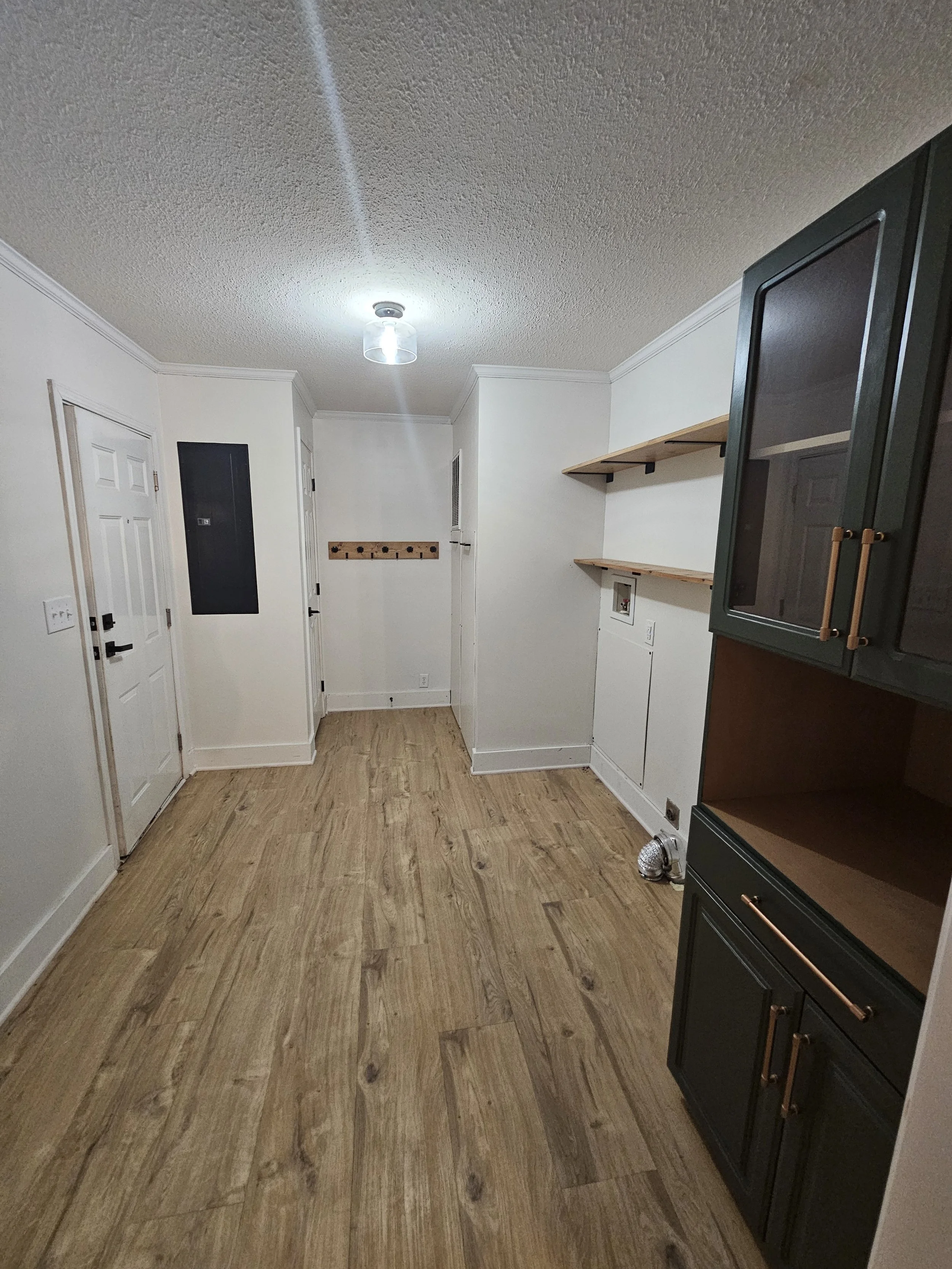 Empty room with white walls, wood flooring, a black cabinet with copper handles, wooden shelves, and a ceiling light fixture.