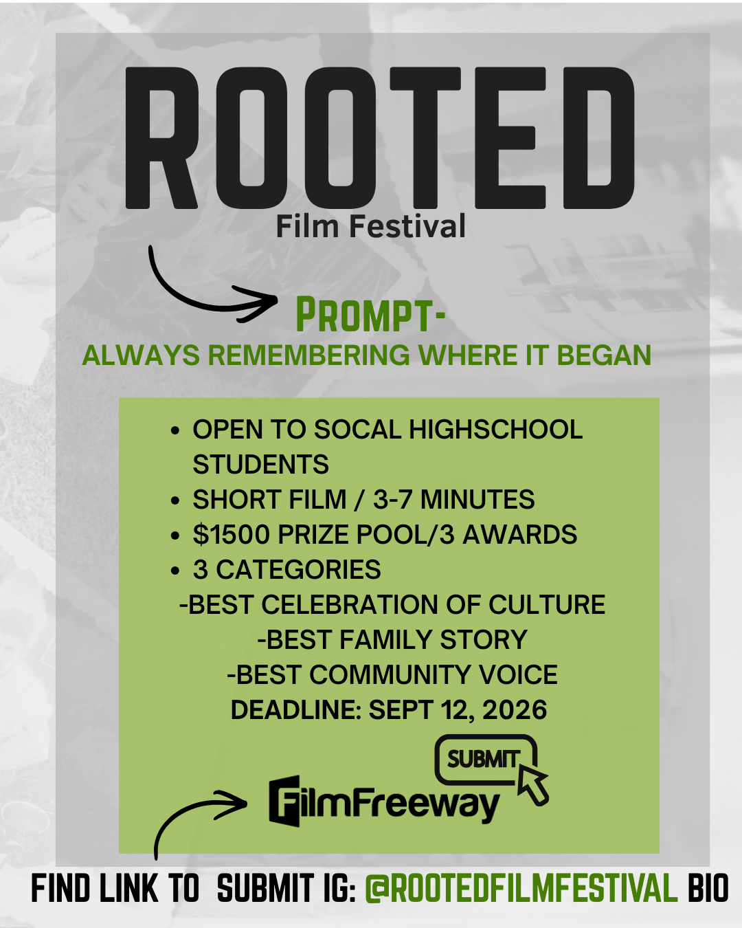 Poster for ROOTED Film Festival with green and black text, promoting a short film competition for high school students, with details about categories, prizes, deadline, and submission link.