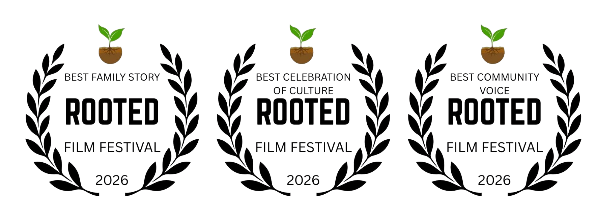 Awards logos for the Rooted Film Festival 2026, featuring a green sprout emerging from soil, with categories for Best Family Story, Best Celebration of Culture, and Best Community Voice, all surrounded by a laurel wreath.