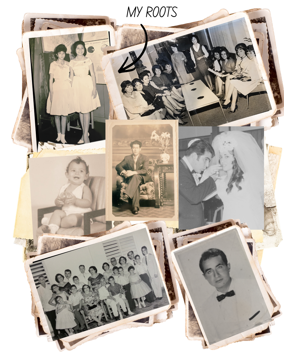 A collage of vintage black and white photographs featuring people of various ages, including children, a man in a tuxedo, a wedding couple, and groups of women and children gathered together.