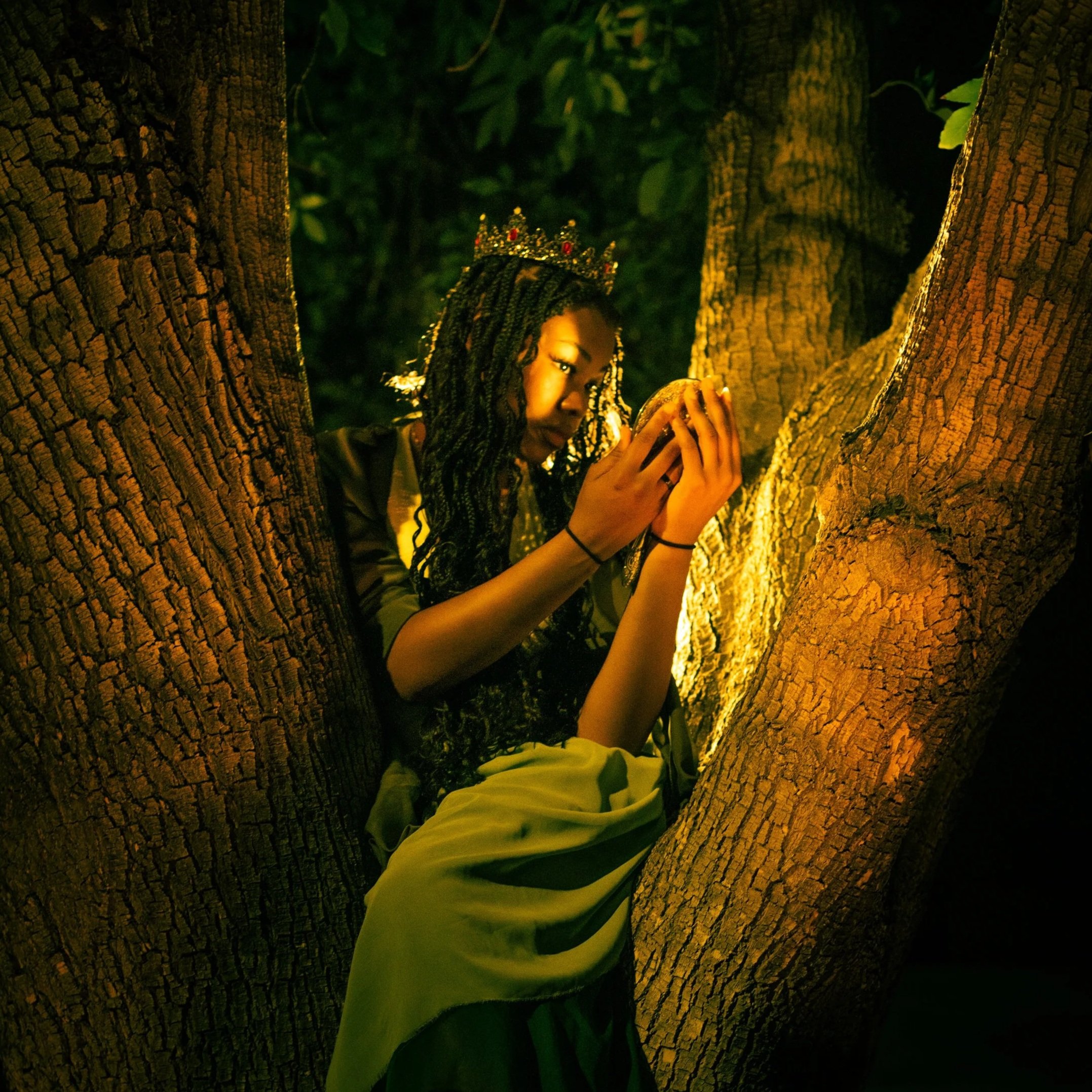 A person with braided hair and a tiara, wearing a dark jacket, sitting between two tree trunks at night, illuminated by warm lighting.