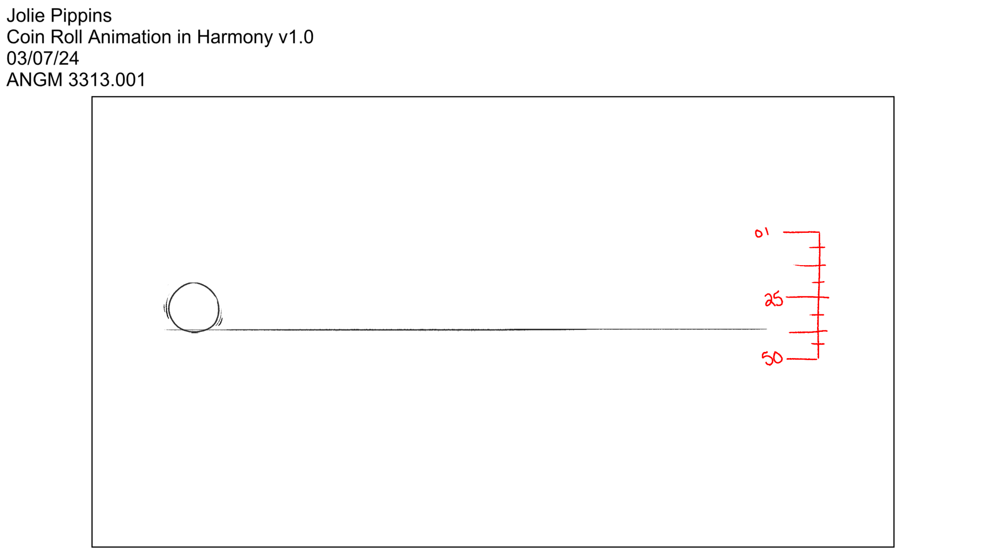 An animated gif of a coin rolling across a horizontal scale with distance markers from 0 to 50 on the right side.