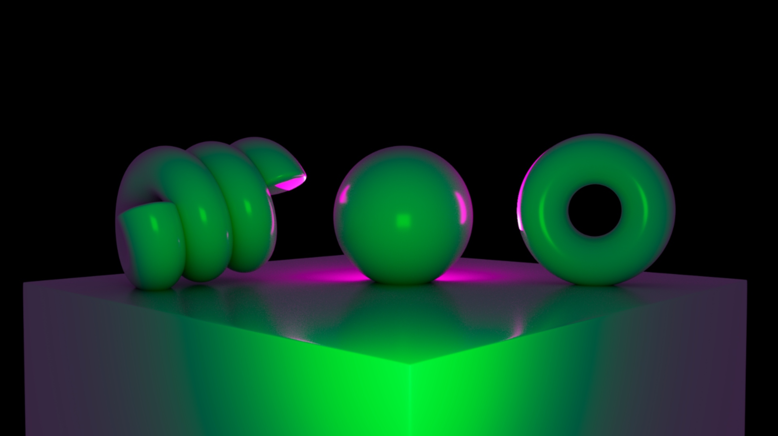 Three gray geometric shapes lit in purple and green on a gray platform against a black background.