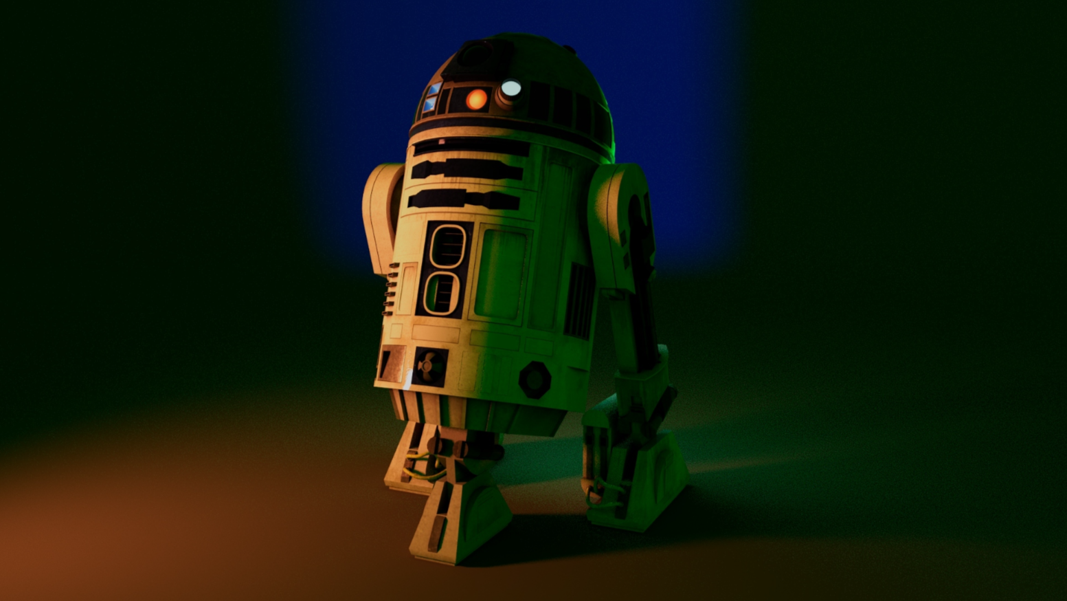 A 3D model of R2-D2 from Star Wars, illuminated by colorful lighting in a dark background.