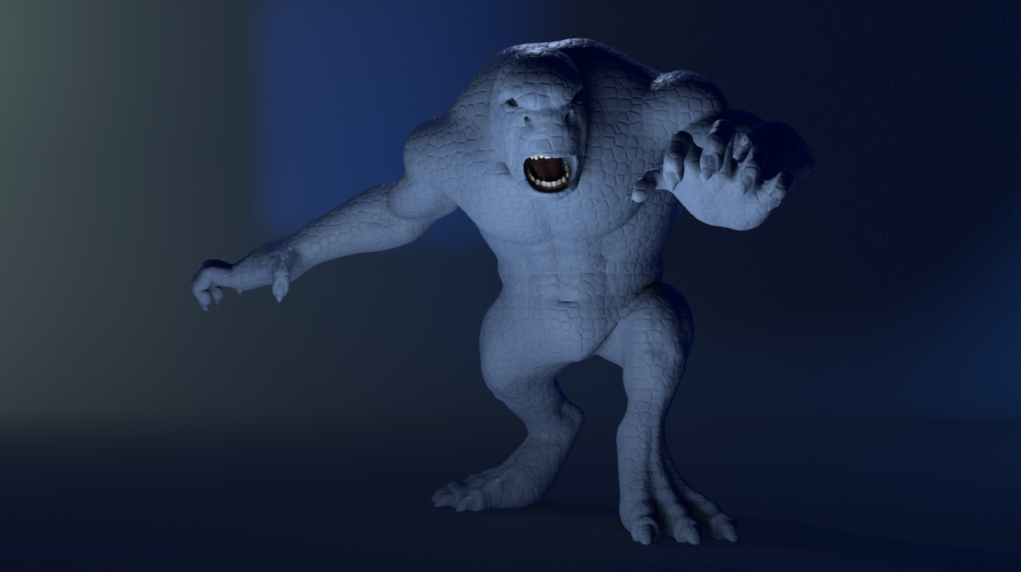 A 3D model of  a monster resembling a reptilian humanoid with white, textured skin, snarling with sharp teeth, on a dark background with blue lighting.
