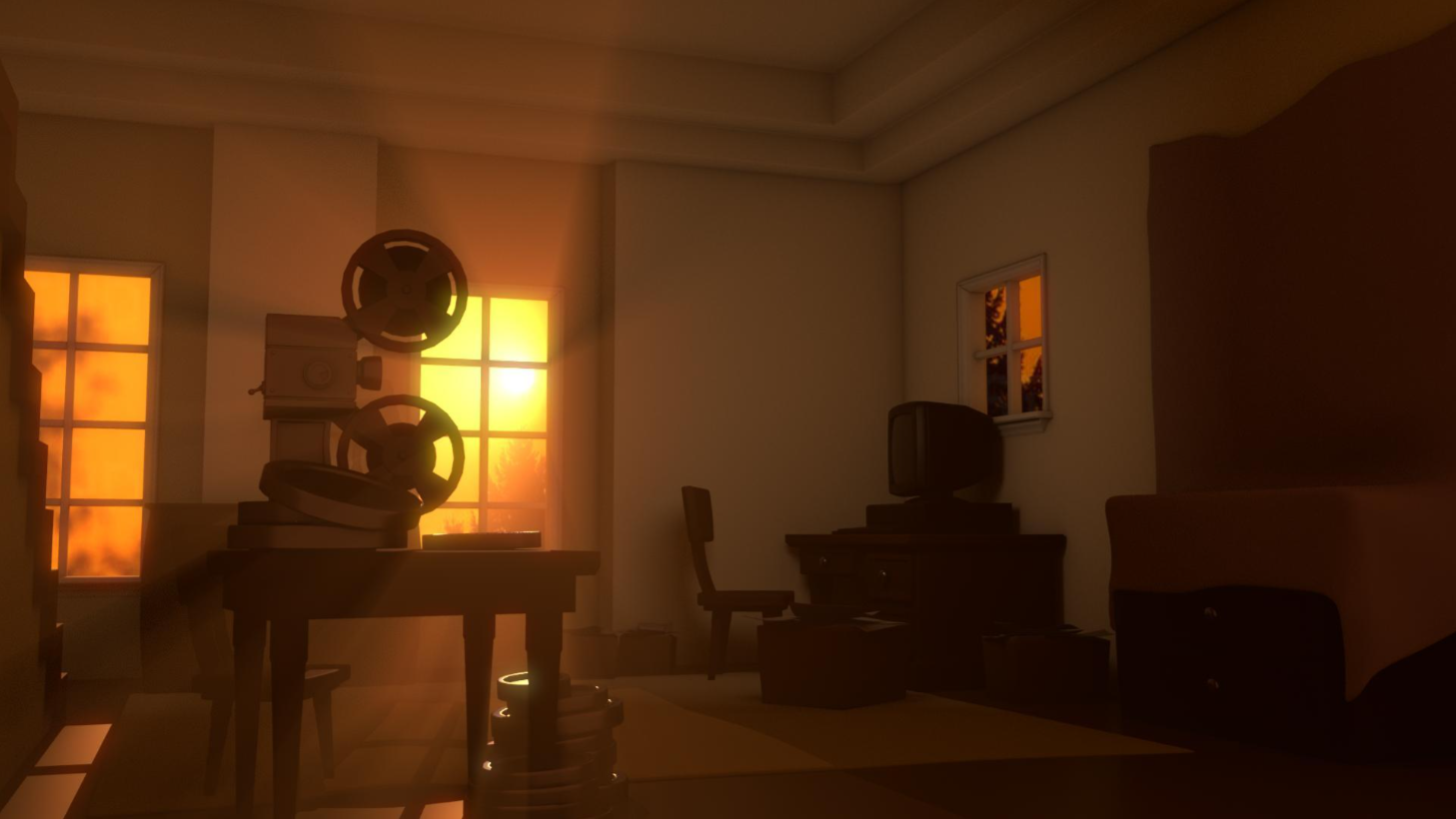 A dimly lit room with sunlight streaming through the windows, showing a desk with stacked circular objects, a chair, a vintage TV on a desk, and a couch.