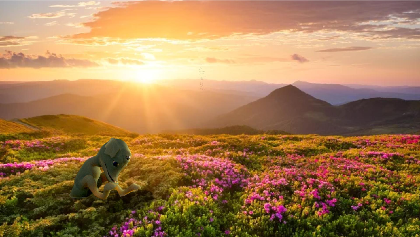 A model of a green dinosaur with a large head and big eyes sitting in a colorful flowery field during sunset.
