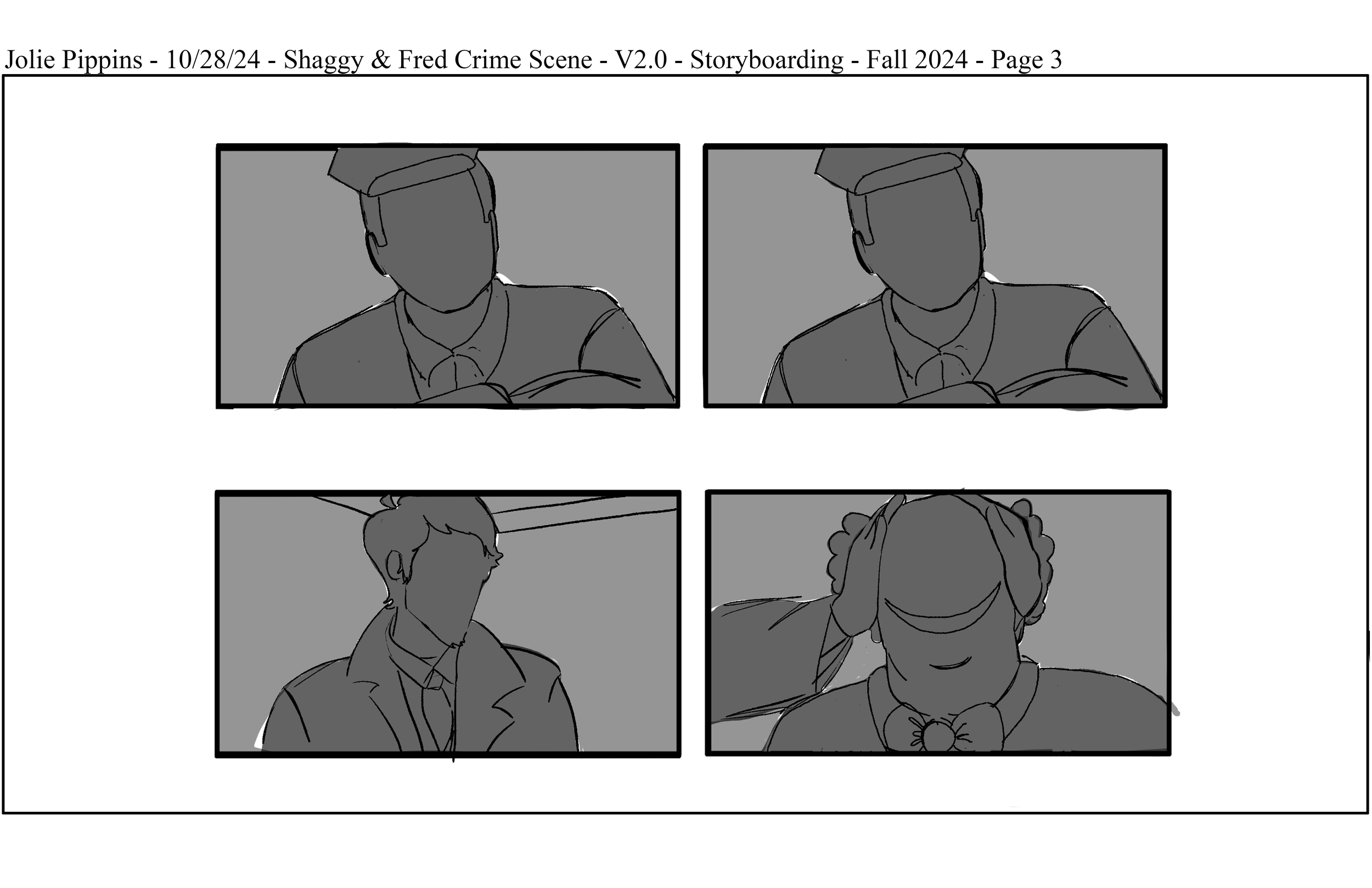 The final page in a storyboard concept showing a sequence of black-and-white panels of Shaggy & Fred from the Scooby-Doo franchise at a crime scene.
