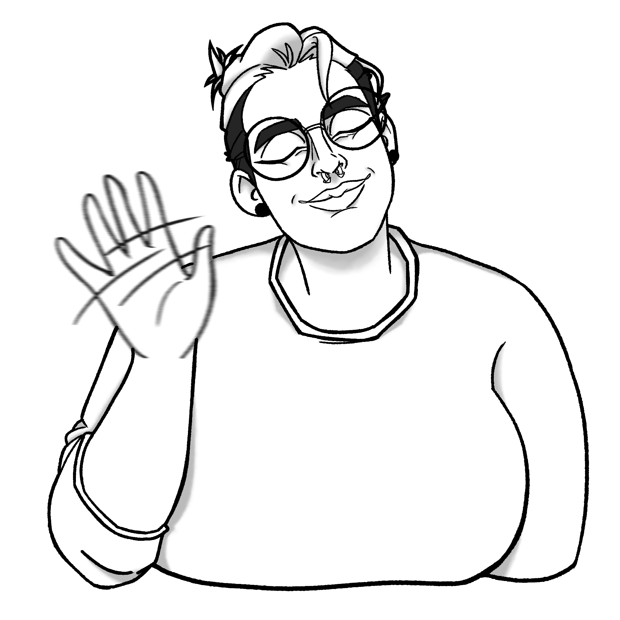 Black-and-white drawing of a person with glasses, smiling & waving.