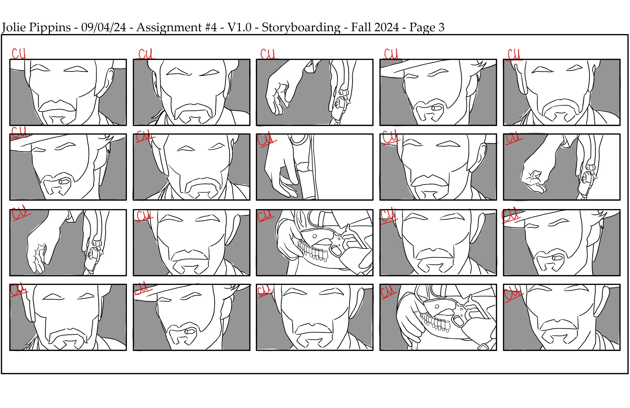 The third page in a storyboard showing a sequence of black-and-white panels from the stand-off scene in the film "The Good, the Bad, and the Ugly".