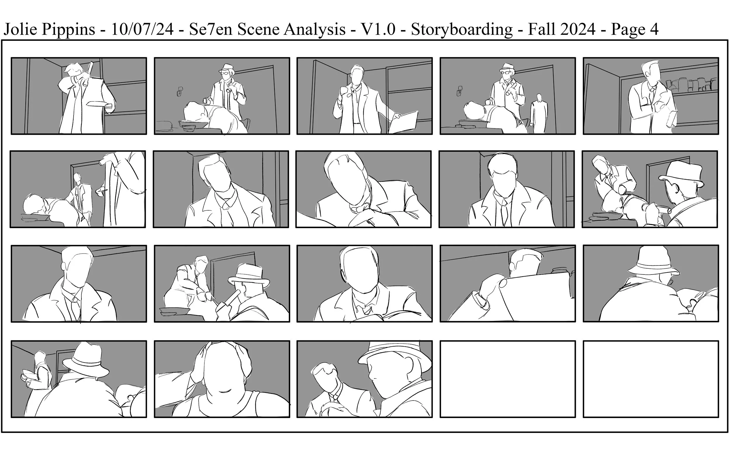 The final page in a storyboard showing a sequence of black-and-white panels from a detective scene in the film "Seven".