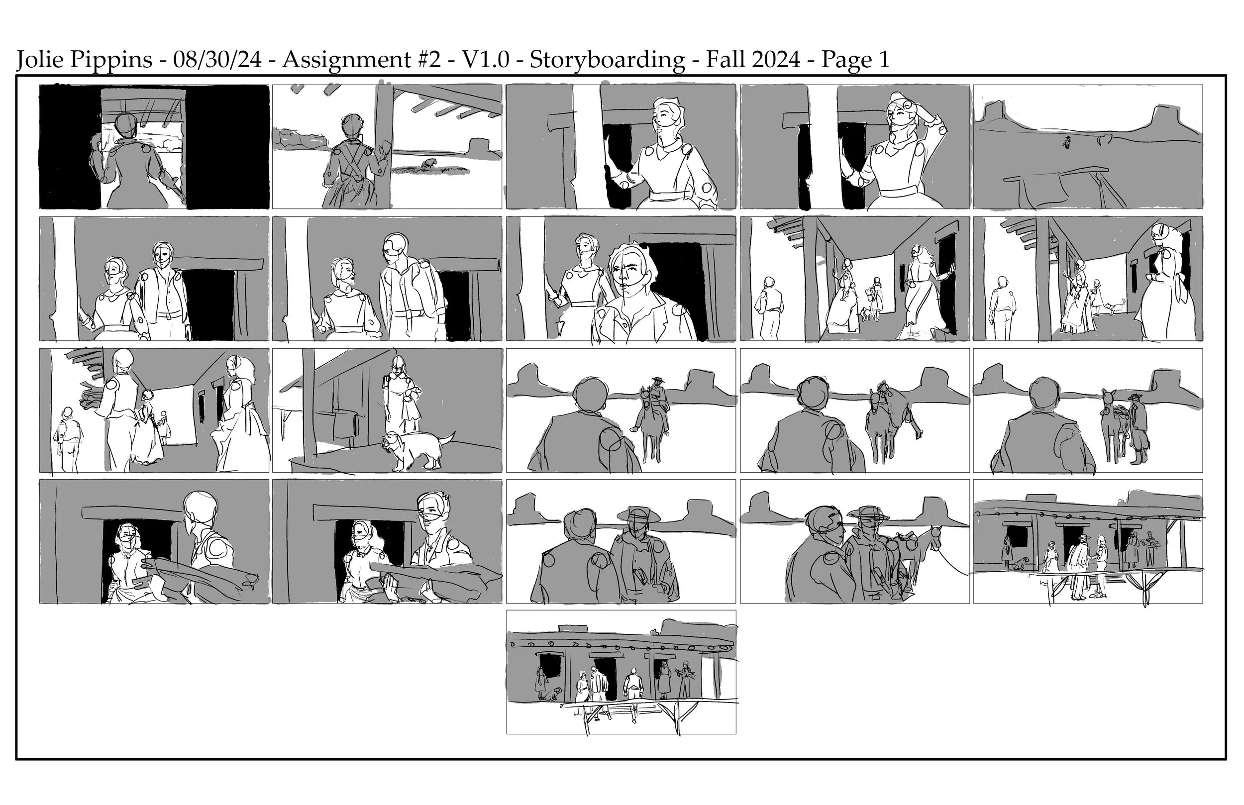 The first page in a storyboard showing a sequence of black-and-white panels from the intro to the film "The Searchers".