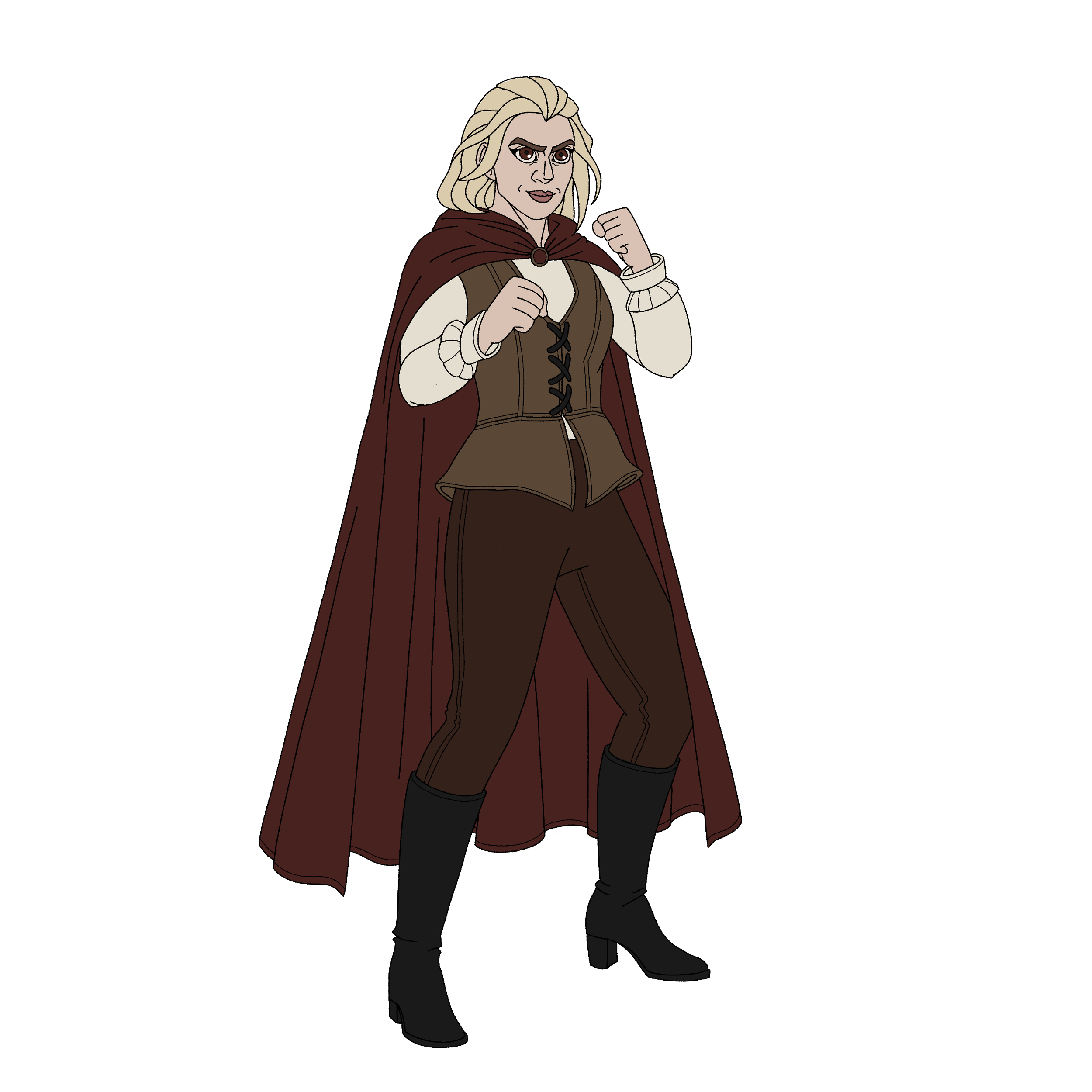 Illustration of a woman with blonde hair, wearing a beige shirt and brown vest, red cape, and black boots, standing with fists clenched in a fighting pose.