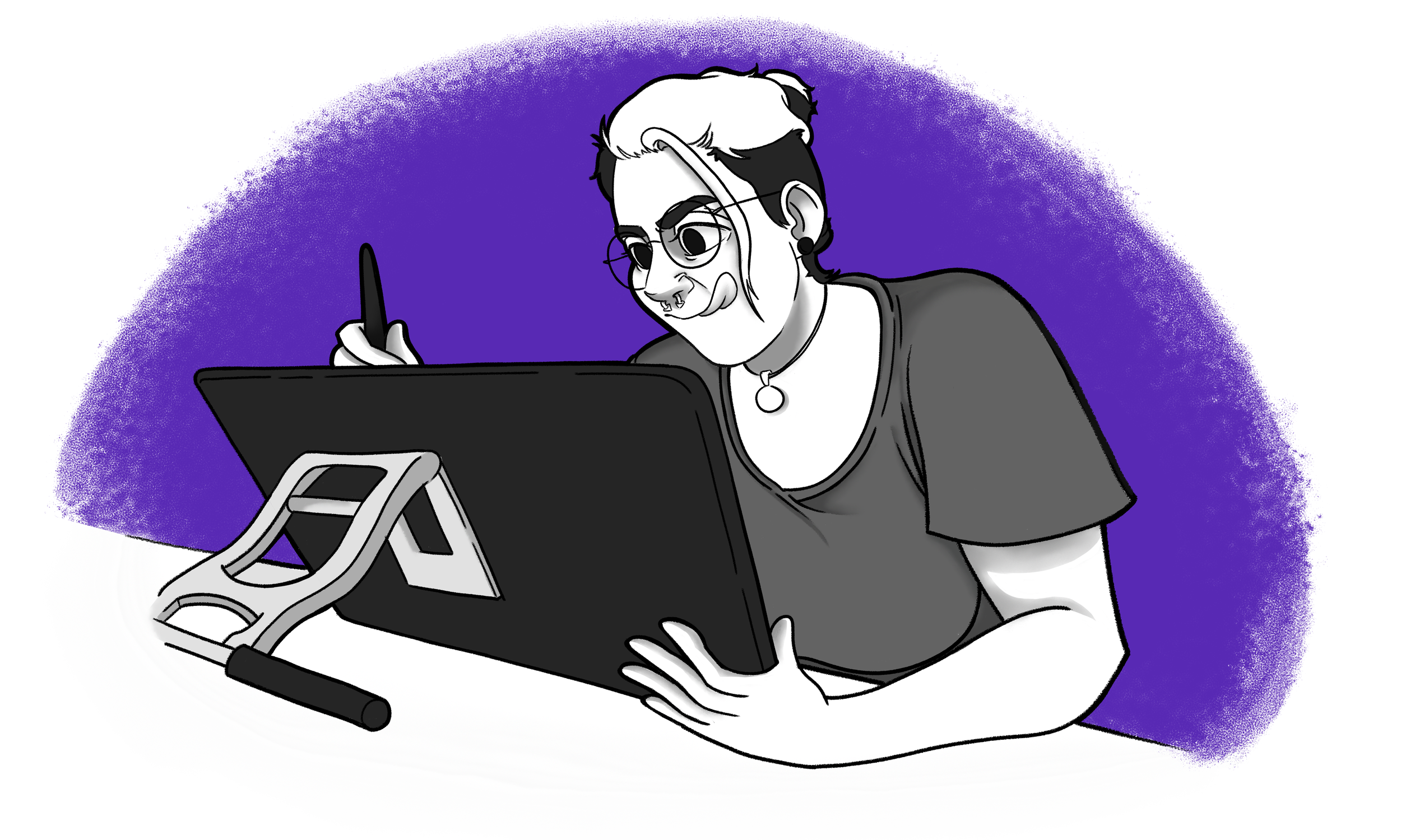 Black-and-white drawing of a focused person drawing on a tablet with tongue sticking out against a purple background.