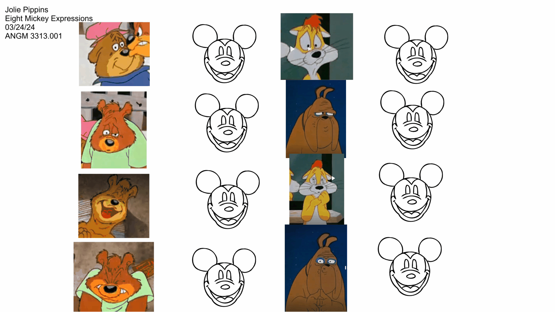 An animated gif of Mickey Mouse making 8 different expressions from cartoon references.