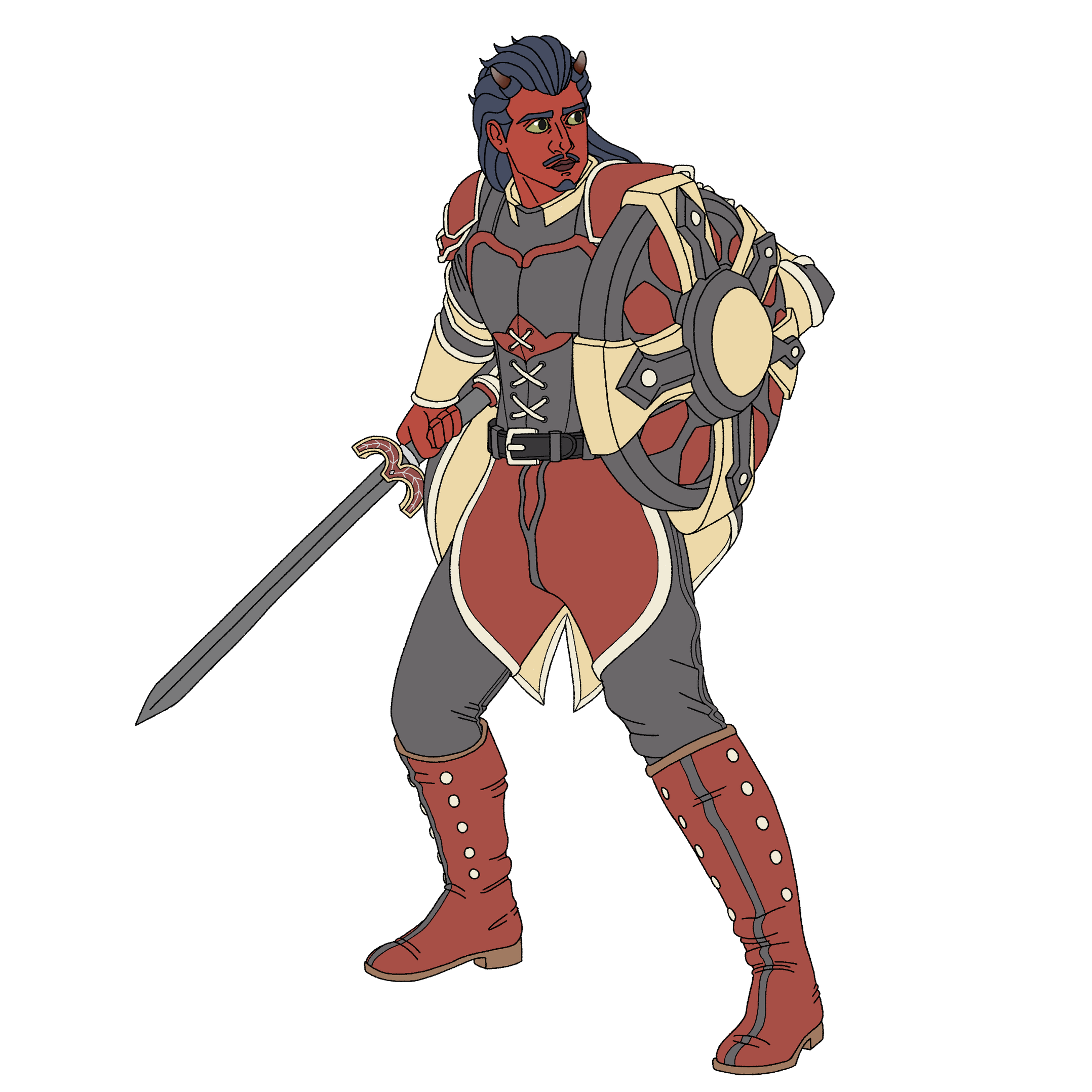 Illustration of a character with black hair wearing a gray, red, and beige outfit with armor, holding a large sword and shield, standing with a serious expression.