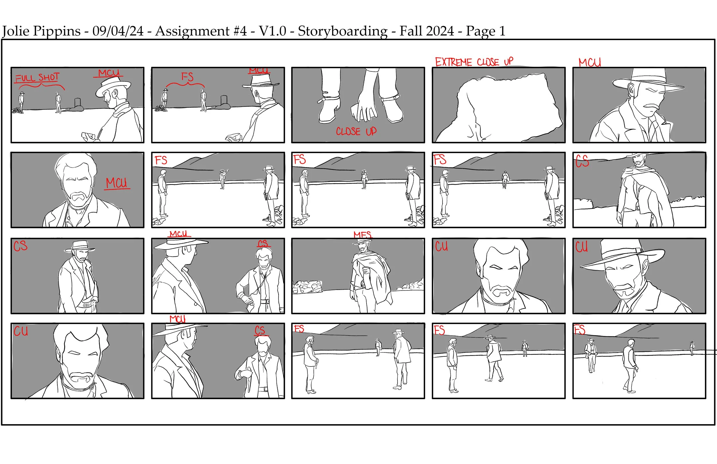 The first page in a storyboard showing a sequence of black-and-white panels from the stand-off scene in the film "The Good, the Bad, and the Ugly".