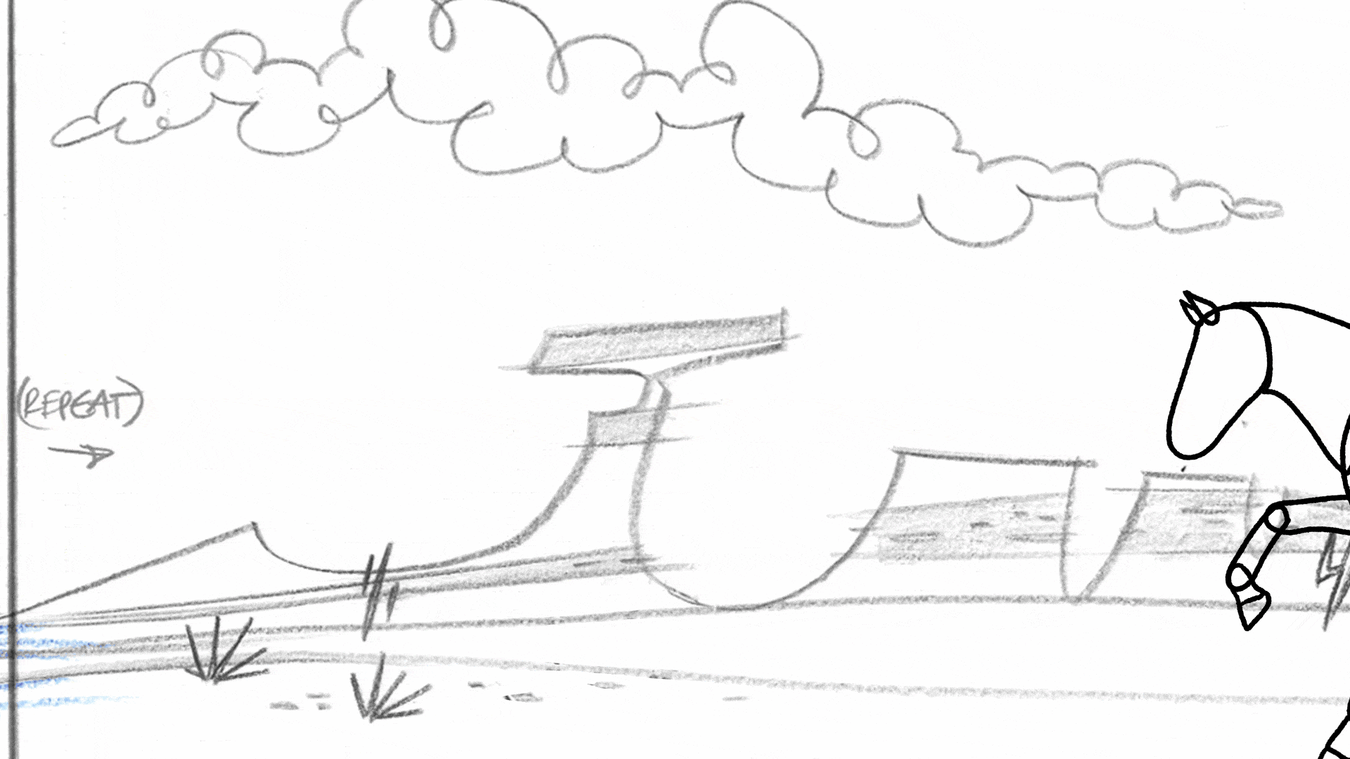 An animated gif of a horse running with a blue desert background.