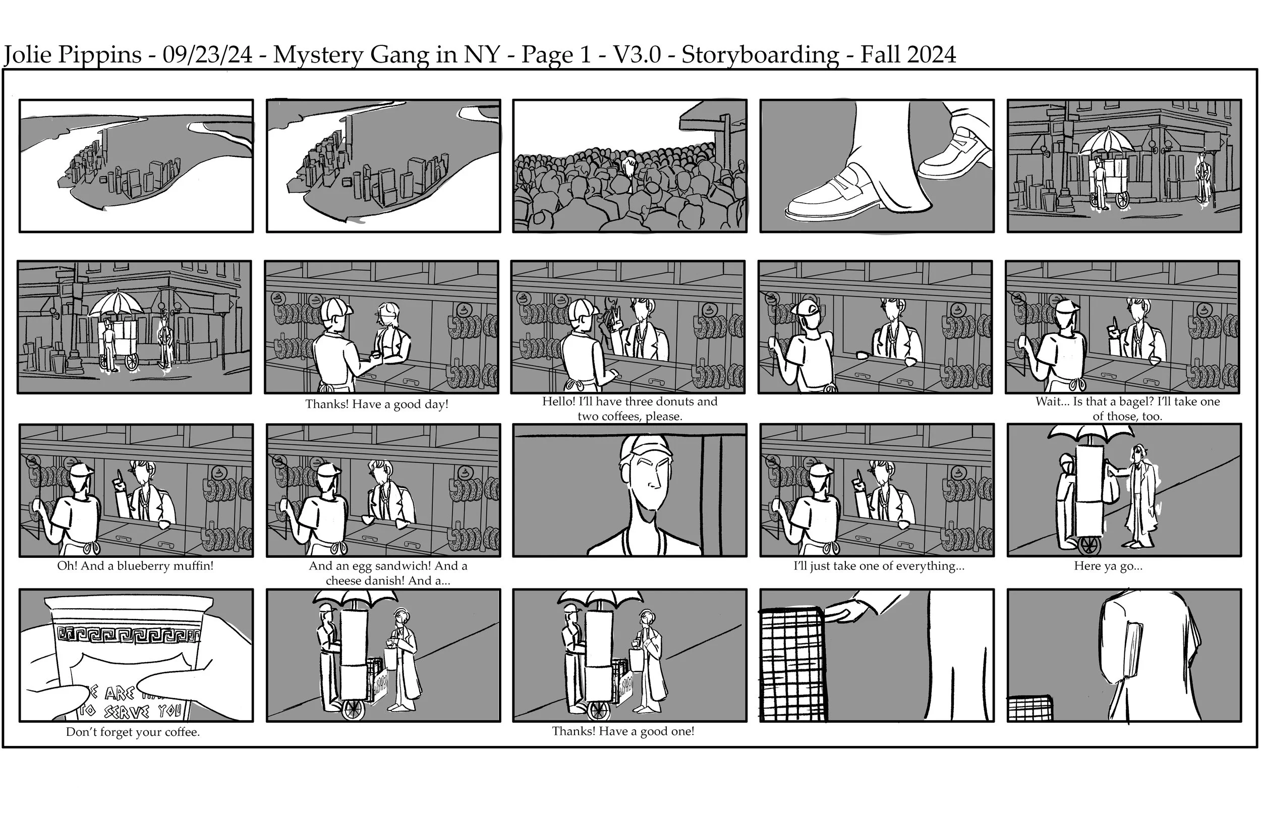 The first page in a storyboard showing a sequence of black-and-white panels of Shaggy & Fred from the Scooby-Doo franchise in New York City.