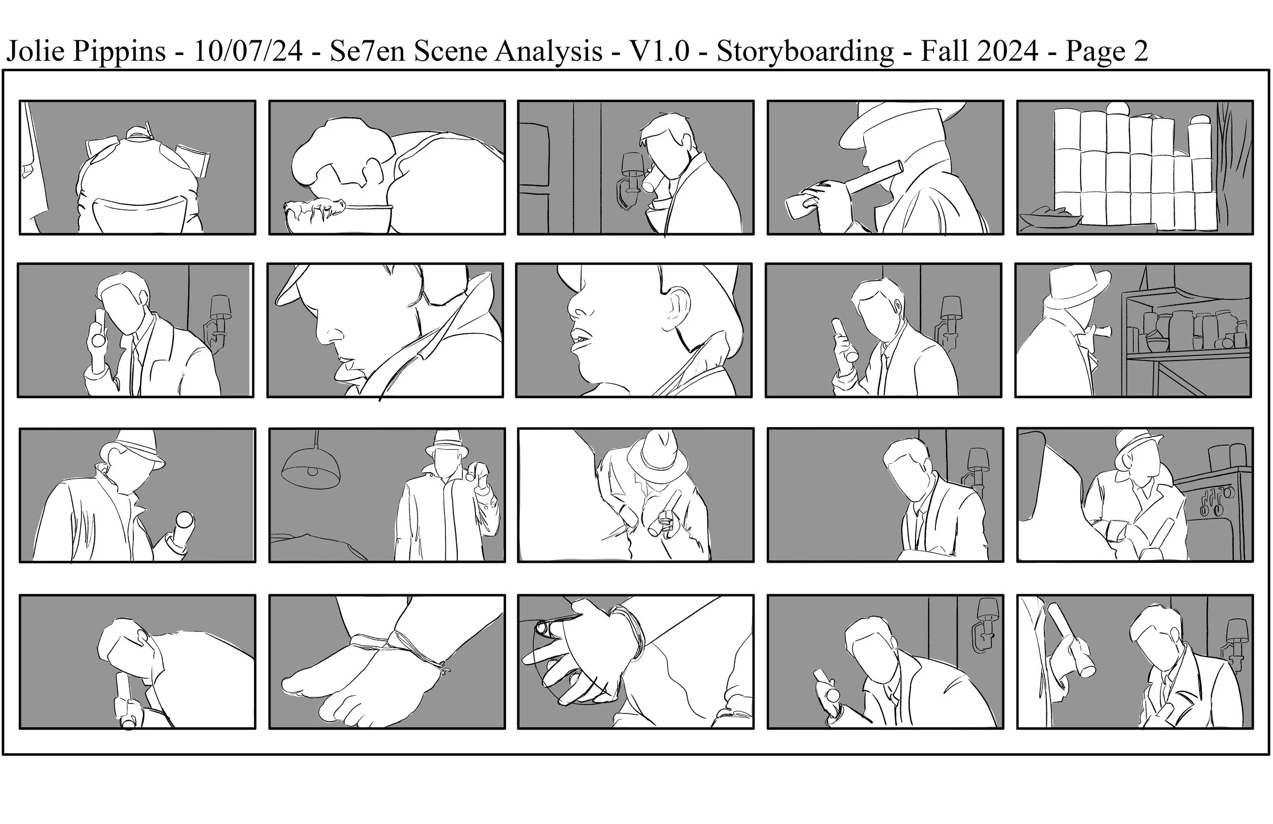 The second page in a storyboard showing a sequence of black-and-white panels from a detective scene in the film "Seven".