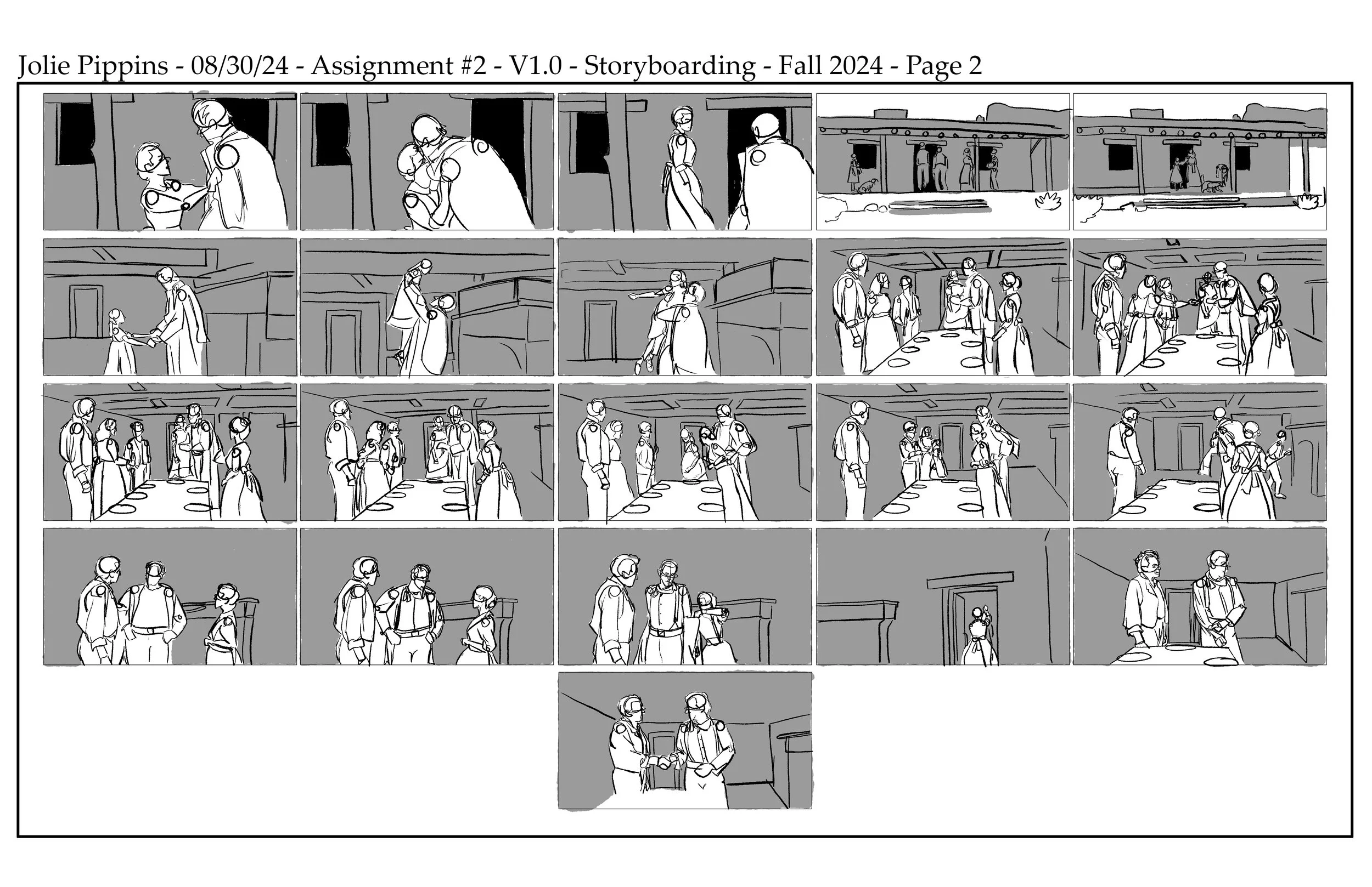 The final page in a storyboard showing a sequence of black-and-white panels from the intro to the film "The Searchers".