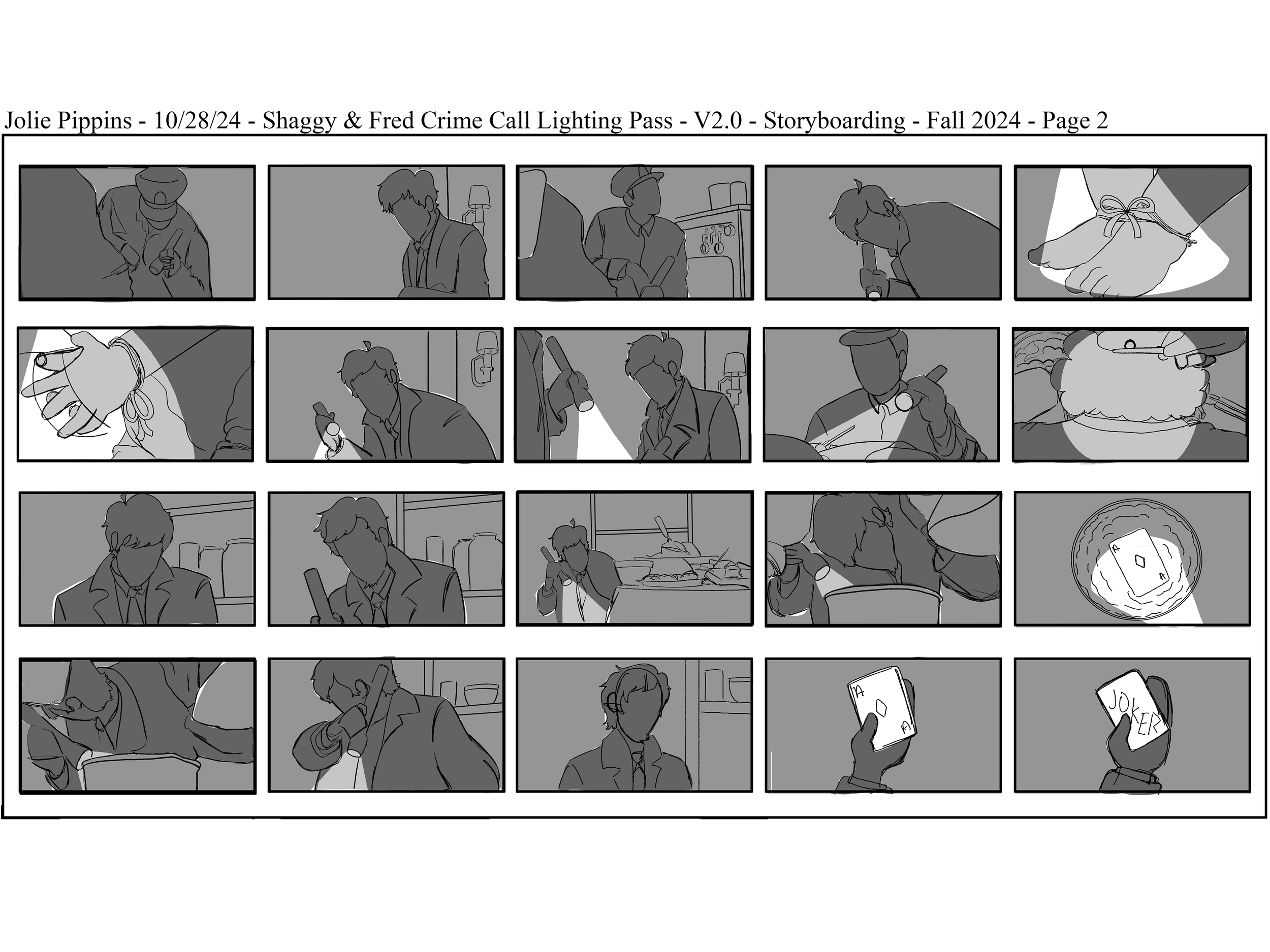 The second page in a storyboard concept showing a sequence of black-and-white panels of Shaggy & Fred from the Scooby-Doo franchise at a crime scene.