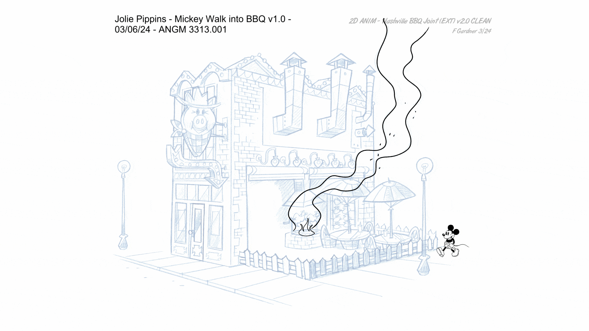 An animated gif of Mickey Mouse walking into a restaurant with a fire pit burning against a blue backdrop.