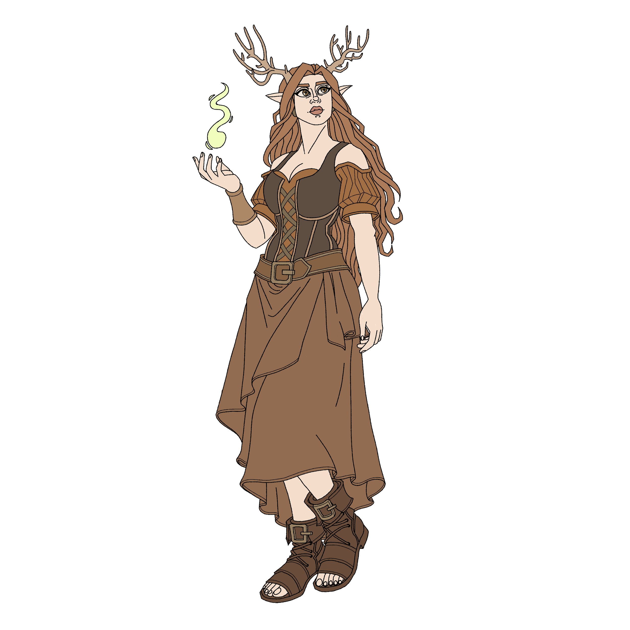 Illustraton of a woman druid with antlers, dressed in brown medieval-style clothing, wearing brown open-toed heavy boots with green magic floating in her hand